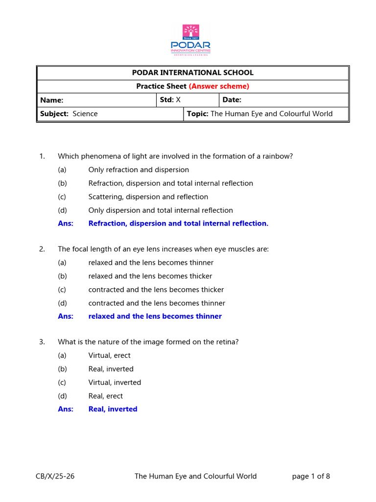 Human Eye and Light Phenomena Quiz | PDF | Rainbow | Eye