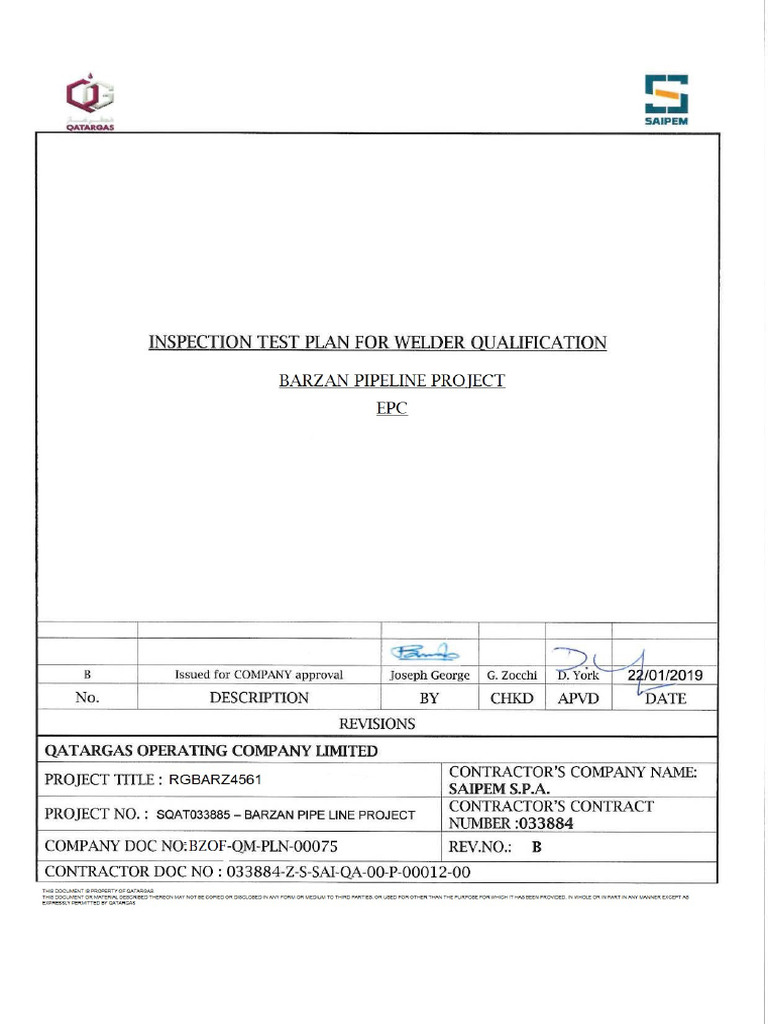 Welder Qualification Inspection Plan | PDF | Welding | Construction
