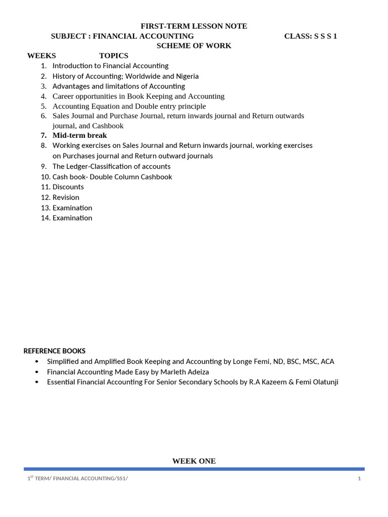 SS1 Financial Accounting First Term Plan | PDF | Debits And Credits ...