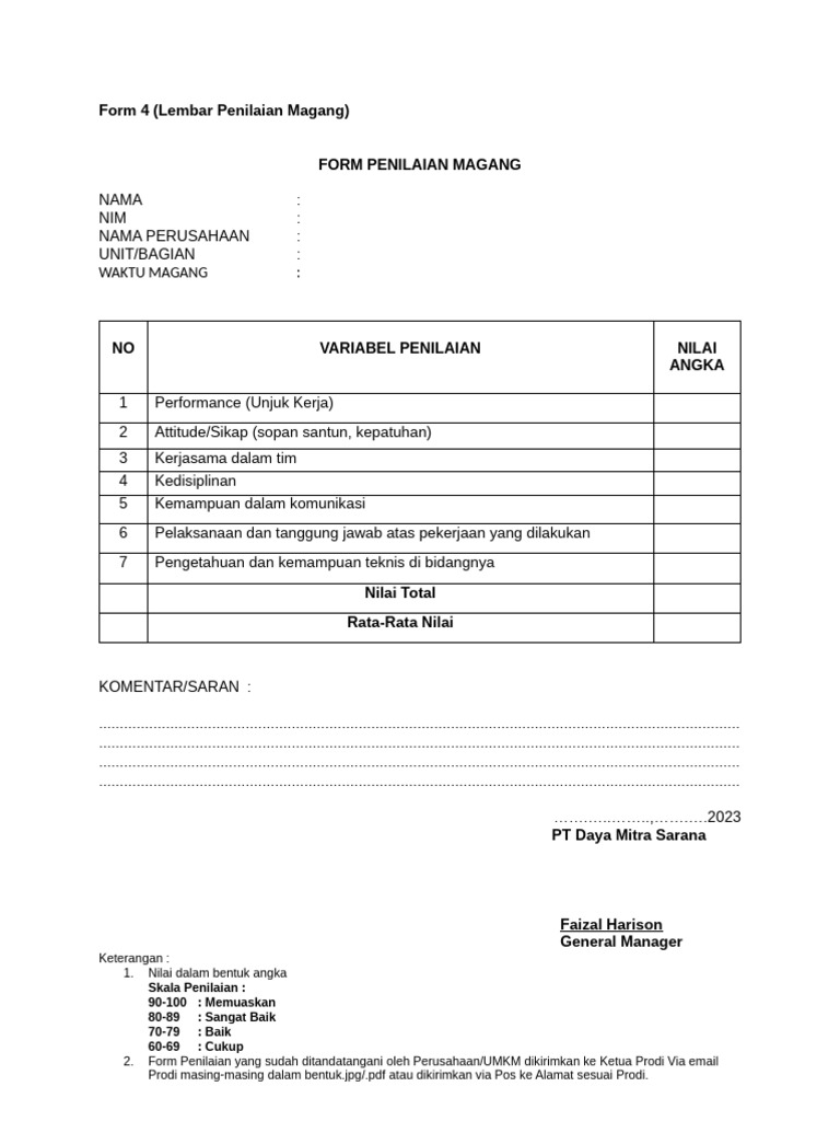 Form Penilaian Magang | PDF