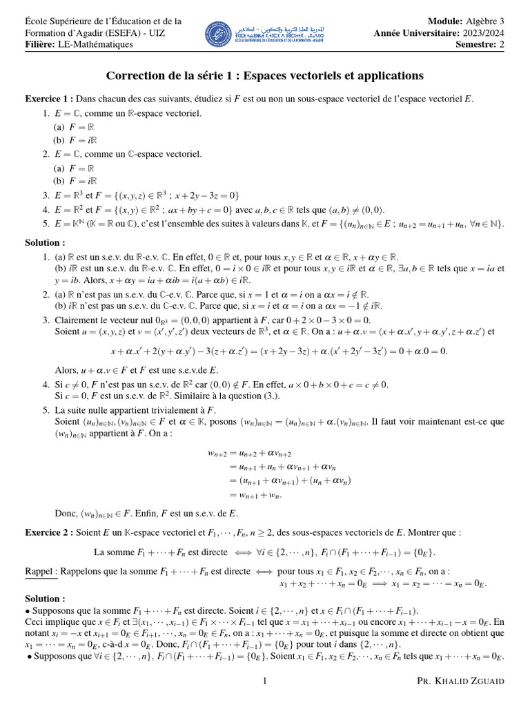 Correction d'exercices d'Algèbre 3 | PDF | Base (algèbre linéaire ...