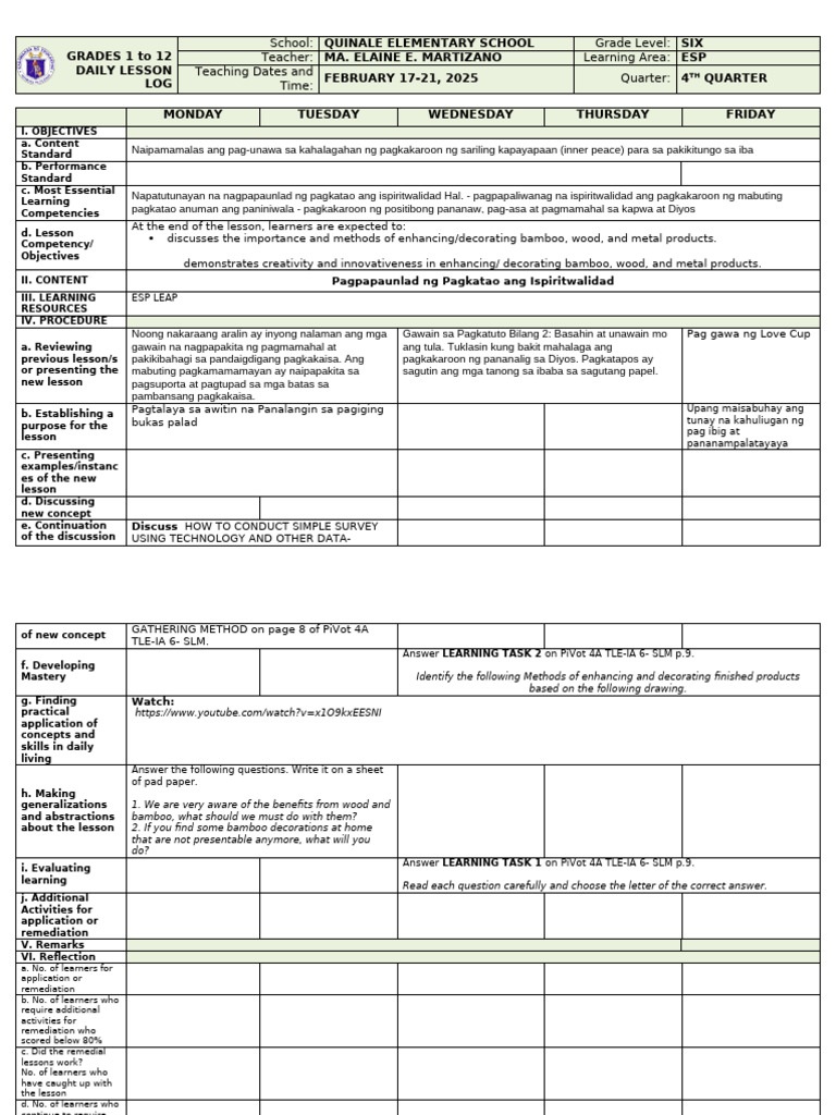 Grade 6 ESP Daily Lesson Log | PDF | Behavior Modification | Cognition