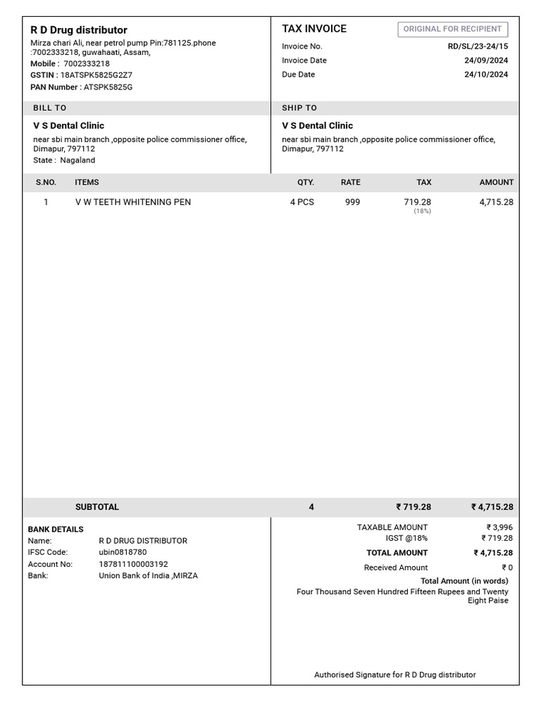 V S Dental Clinic Sales Invoice RD SL 23-24-15 | PDF
