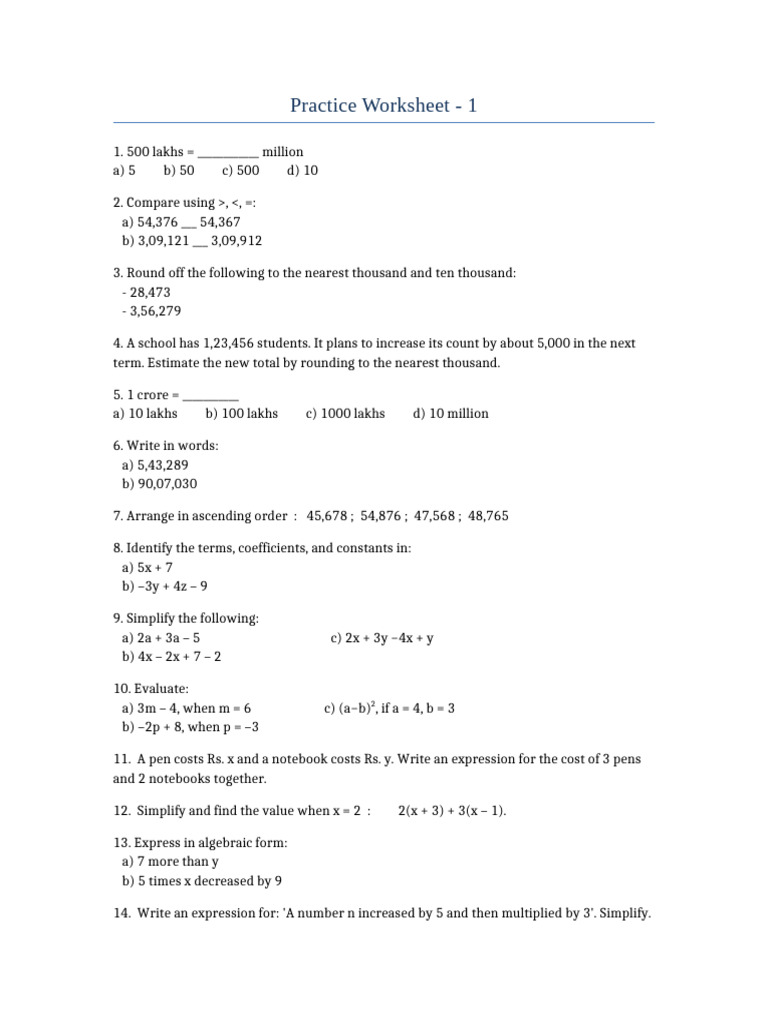 Math Practice Worksheet for Students | PDF