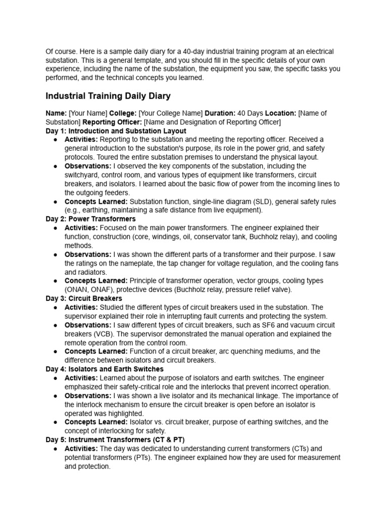 Electrical Training Diary Template | PDF | Transformer | Power (Physics)
