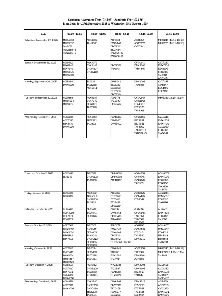 CAT Timetable - 2024-2025 01.09.2025 New | PDF