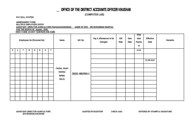 Payroll Amendment Form for August 2025 | PDF