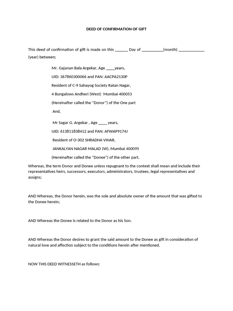 Confirmation of Gift Deed Template | PDF