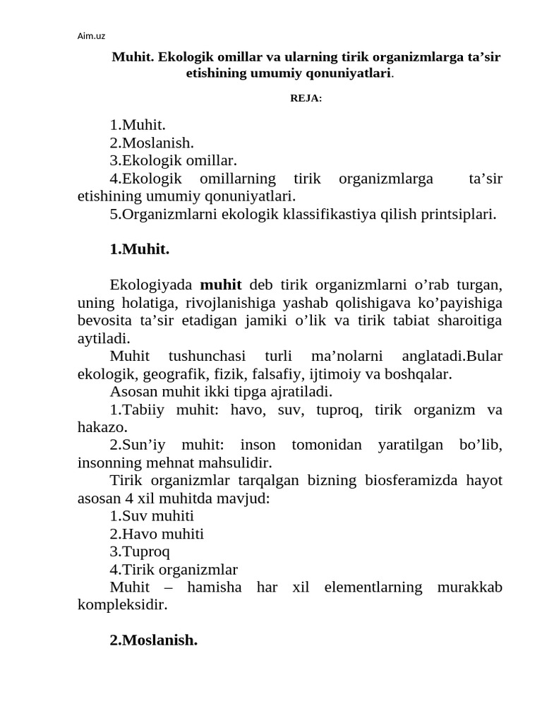 Muhit. Ekologik Omillar Va Ularning Tirik or | PDF