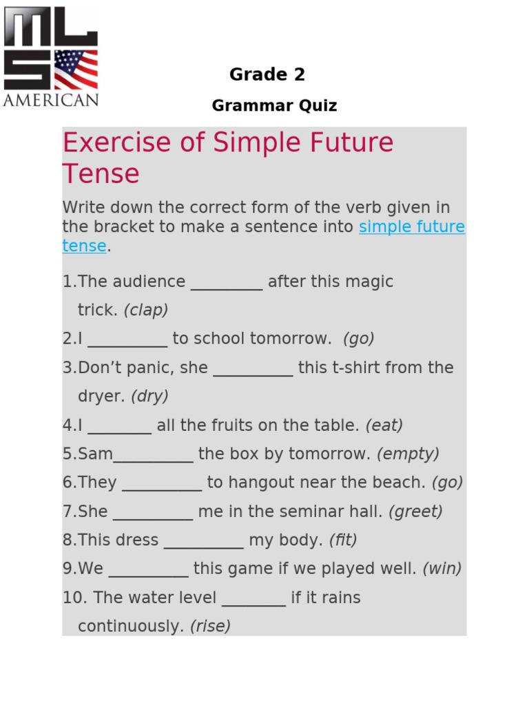 Grade 2 Simple Future Tense Quiz | PDF