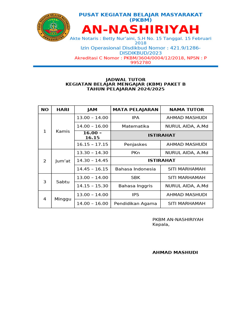 Jadwal KBM Paket B dan C 2024/2025 | PDF