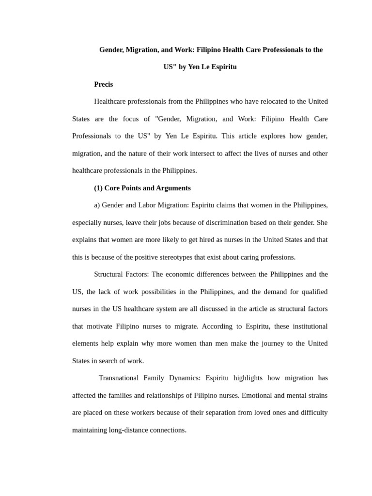 Filipino Nurses: Gender and Migration Issues | PDF | Human Migration ...