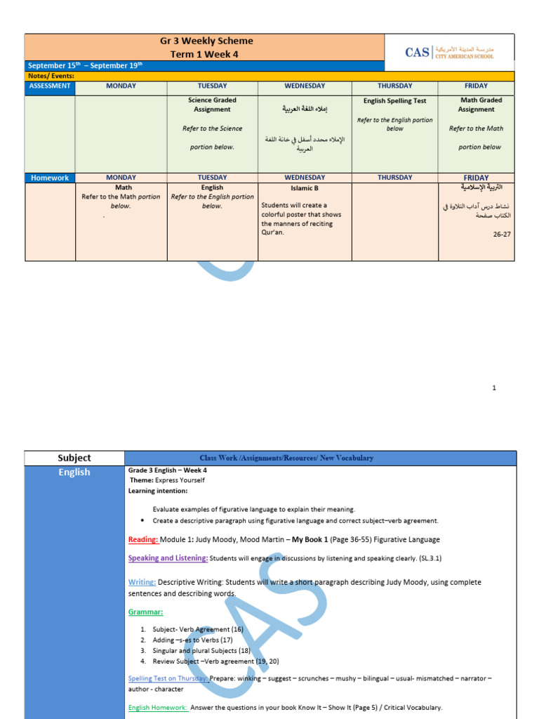 Grade 3 Weekly Lesson Plan - Term 1 Week 4 | PDF | English Language ...