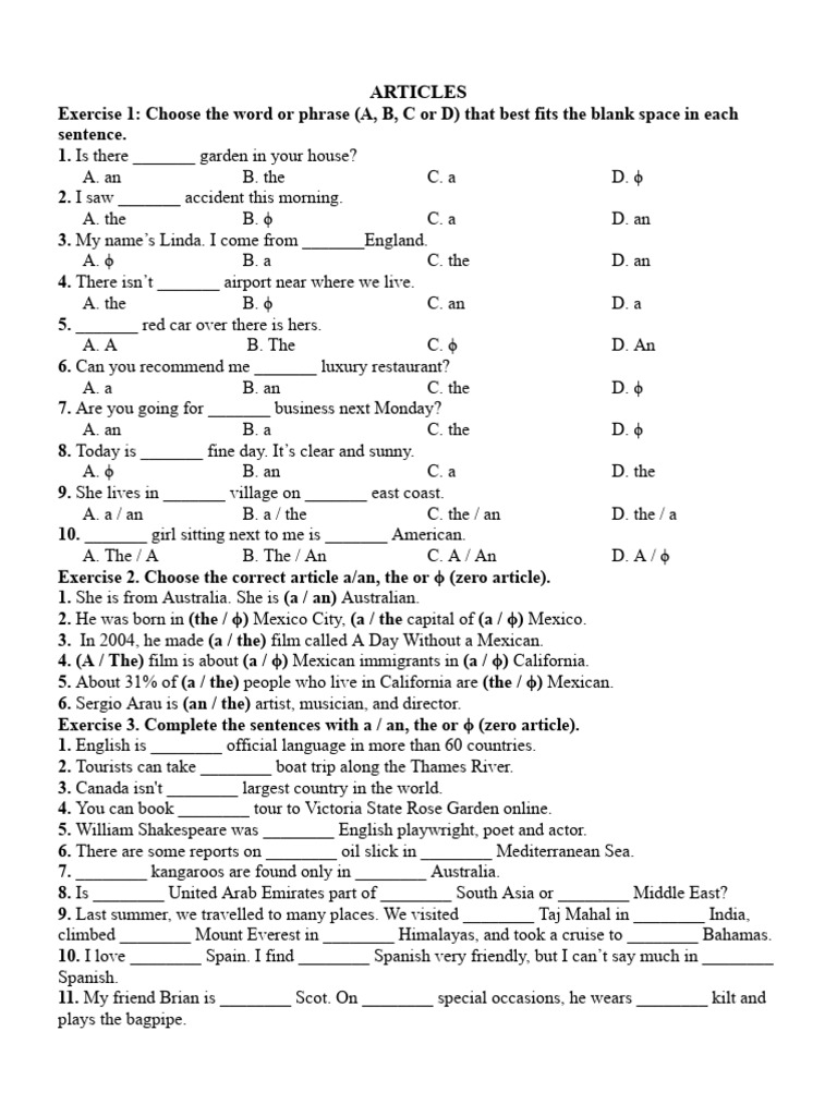 Article Usage Exercises for ESL Learners | PDF