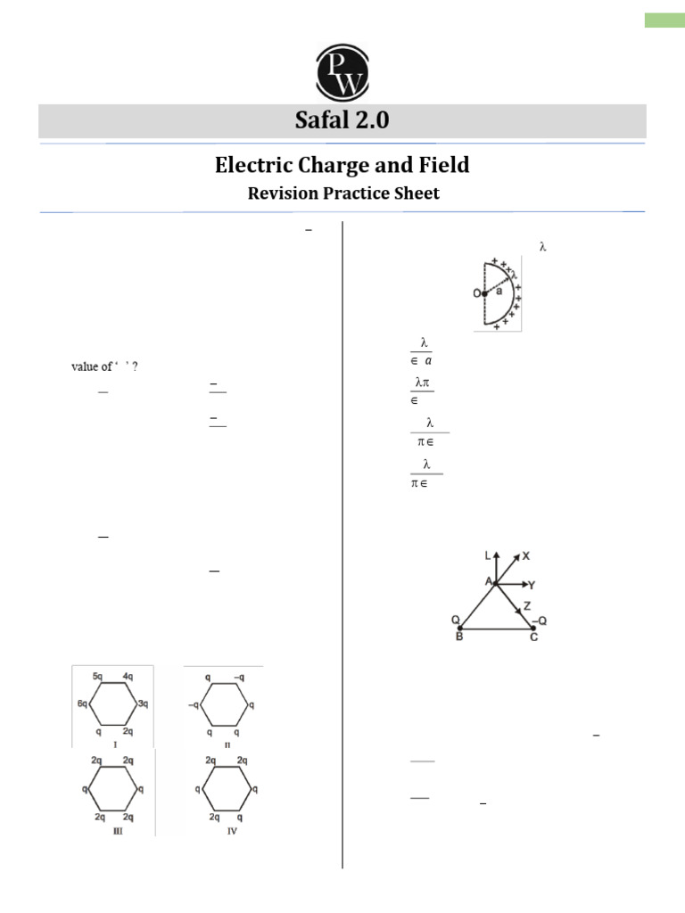Electric Charge and Field - Revision Practice Sheet - Safal 2.0 | PDF ...