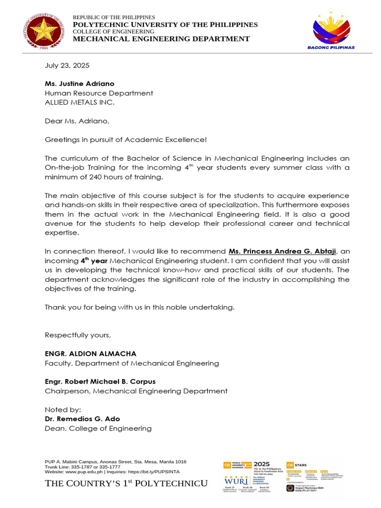 Recommendation for Mechanical Engineering Internship | PDF