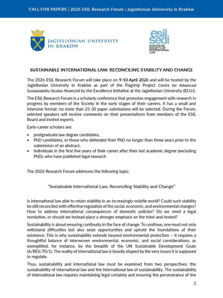 2026 ESIL Research Forum Call for Papers | PDF | Sustainability ...