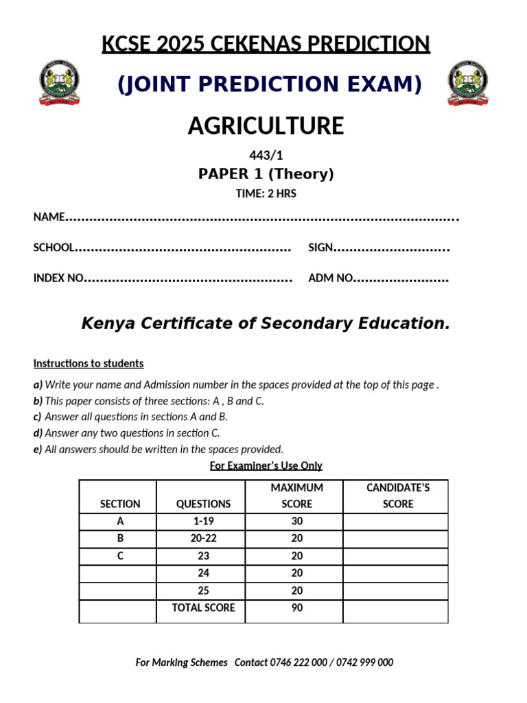 KCSE 2025 Agriculture Prediction Paper | PDF | Agriculture | Food Industry