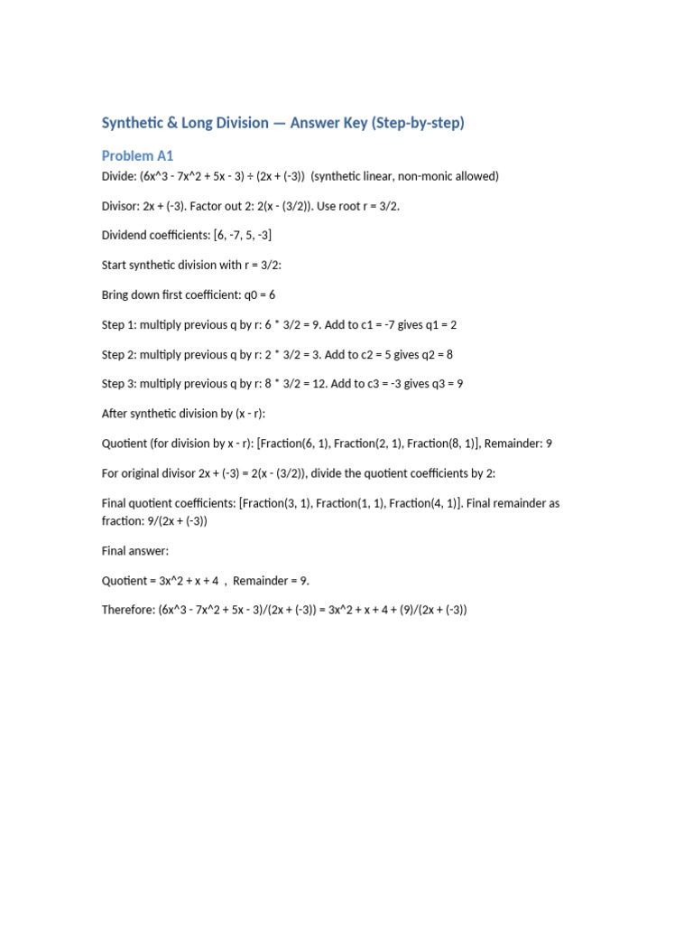 Synthetic & Long Division Solutions | PDF | Division (Mathematics ...