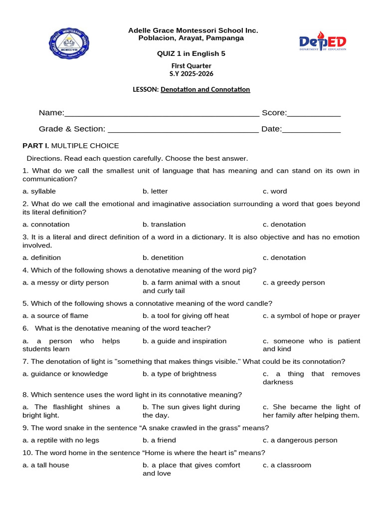 Denotation and Connotation Quiz | PDF