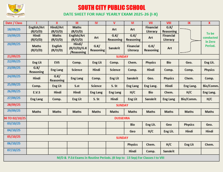 Half Yearly Exam Schedule 2025-26 | PDF