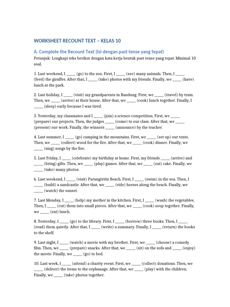 Recount Text Worksheet for Grade 10 | PDF