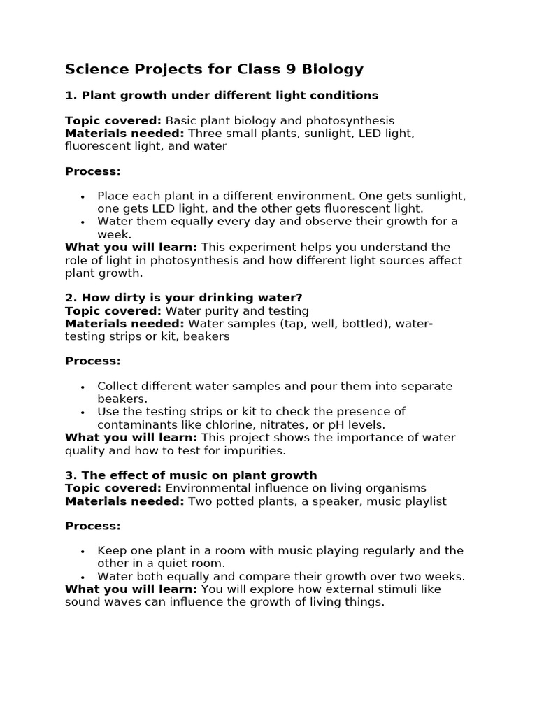 Science Projects For Class 9 Biology | PDF