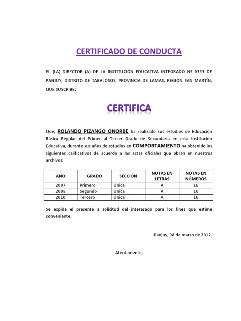 CERTIFICADO DE CONDUCTA