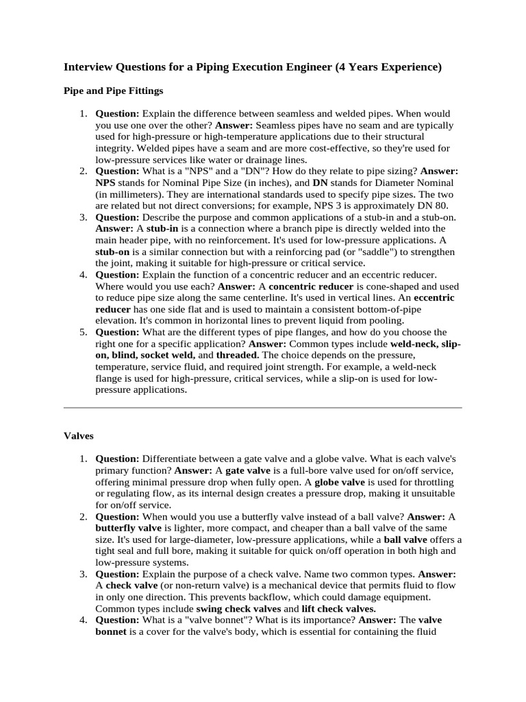 Piping Engineer Interview Insights | PDF | Valve | Pipe (Fluid Conveyance)