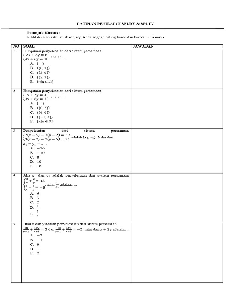 Latihan SPLDV dan SPLTV Matematika | PDF