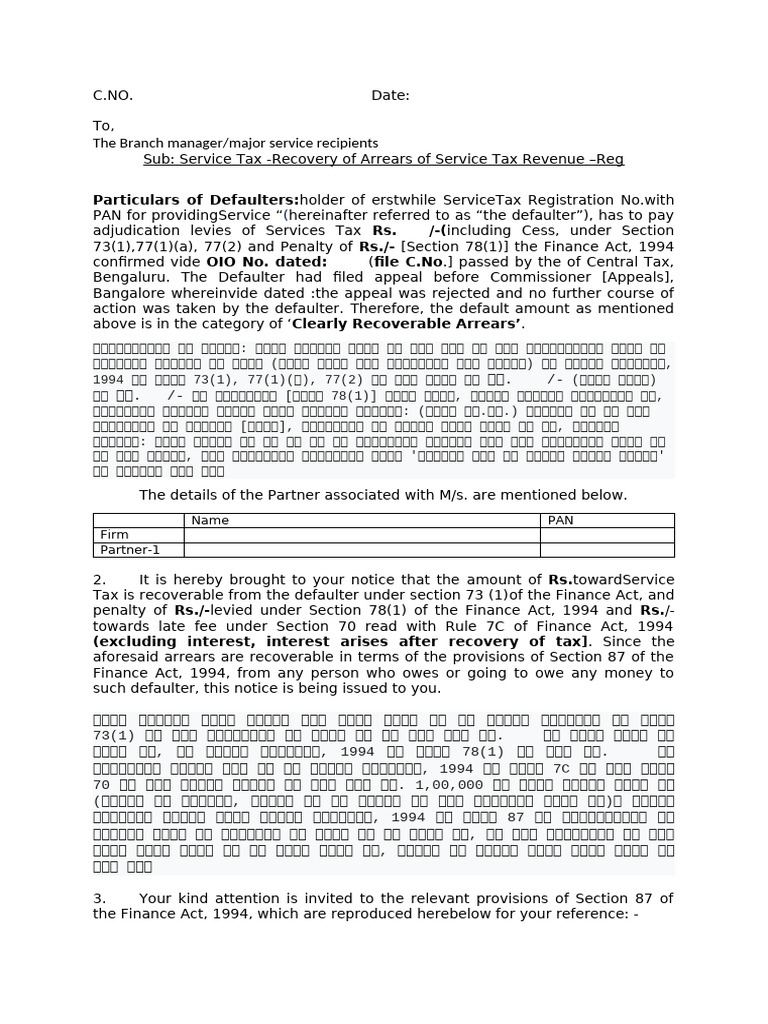 Service Tax Arrears Recovery Notice | PDF | Taxes | Property