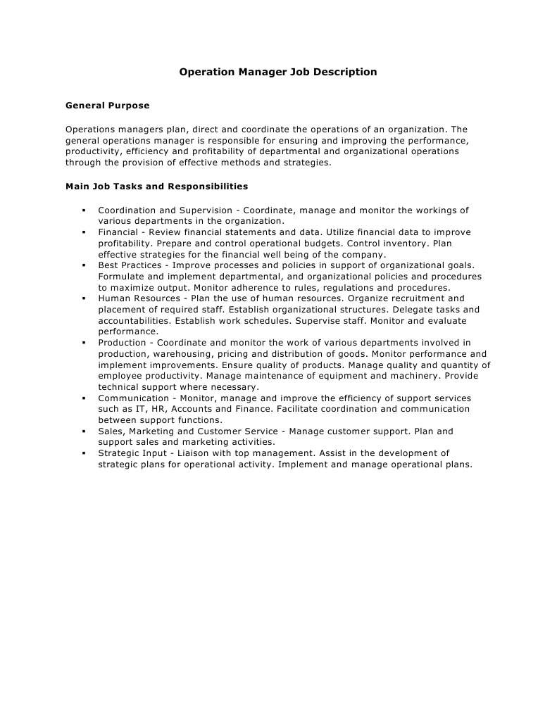 Operation Manager Job Description: General Purpose