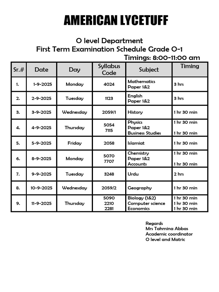 O Level First Term Exam Schedule 2025 | PDF | Chess Openings | Chess
