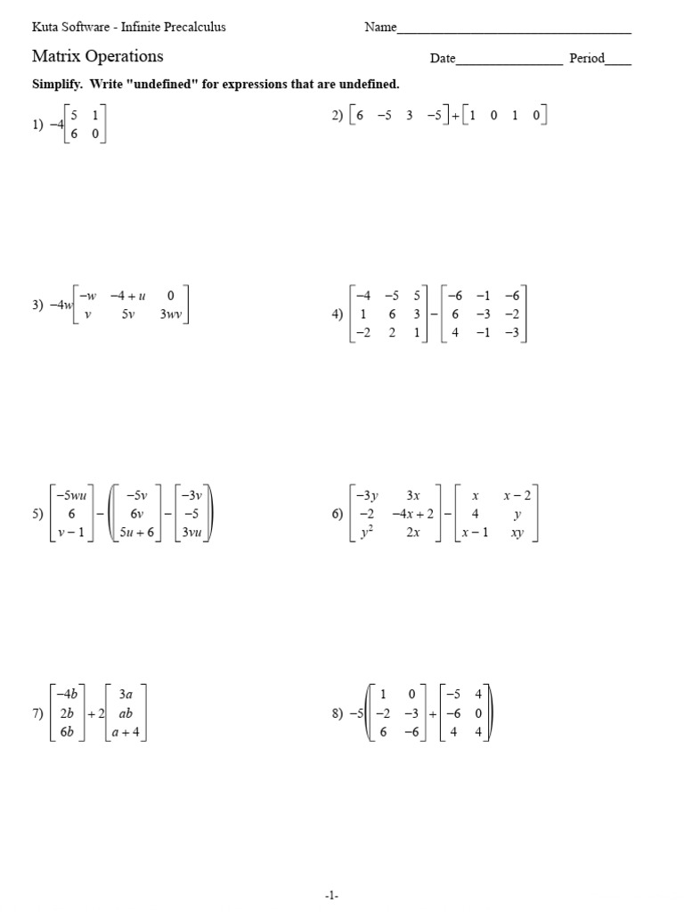 Basic Matrix Operations Worksheet | PDF | Linear Algebra | Mathematics