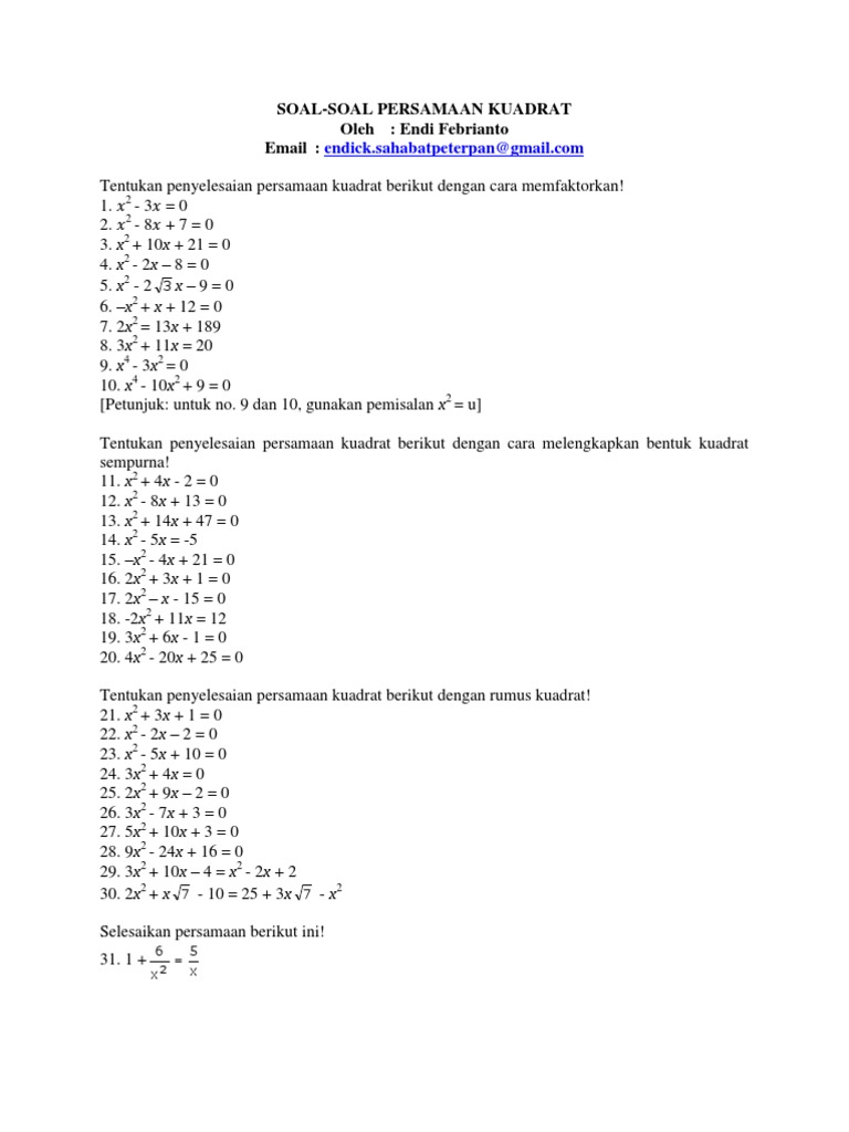 Soal Dan Jawaban Persamaan Kuadrat Kelas 9