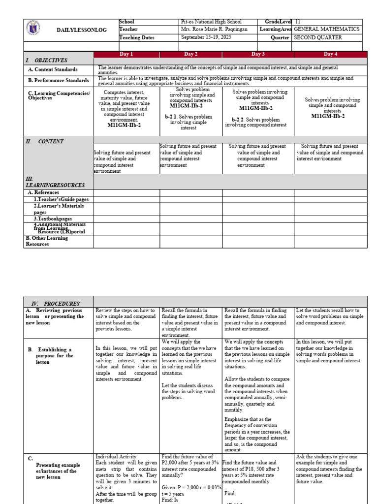 General Mathematics Lesson Plan: Interest | PDF | Interest | Present Value