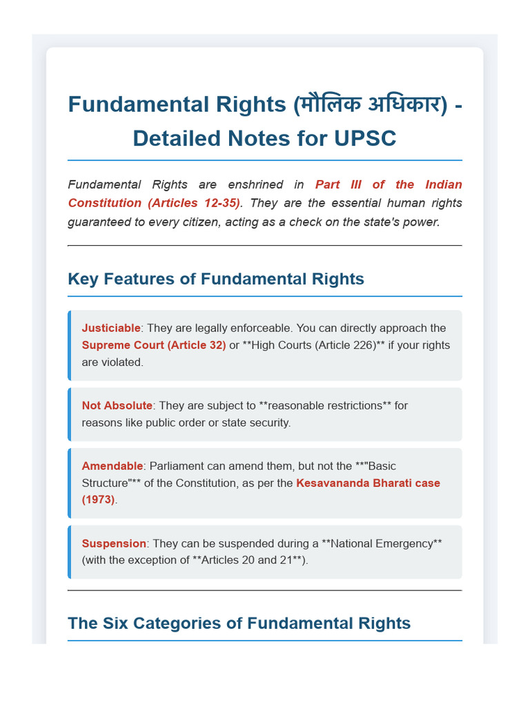 UPSC Notes on Fundamental Rights | PDF | Public Law | Government And ...
