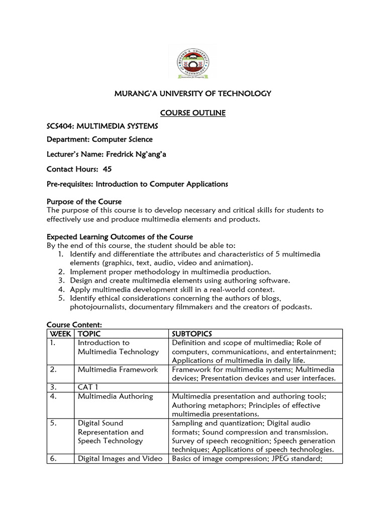 Multimedia Systems Course Outline | PDF | Multimedia | Data Compression