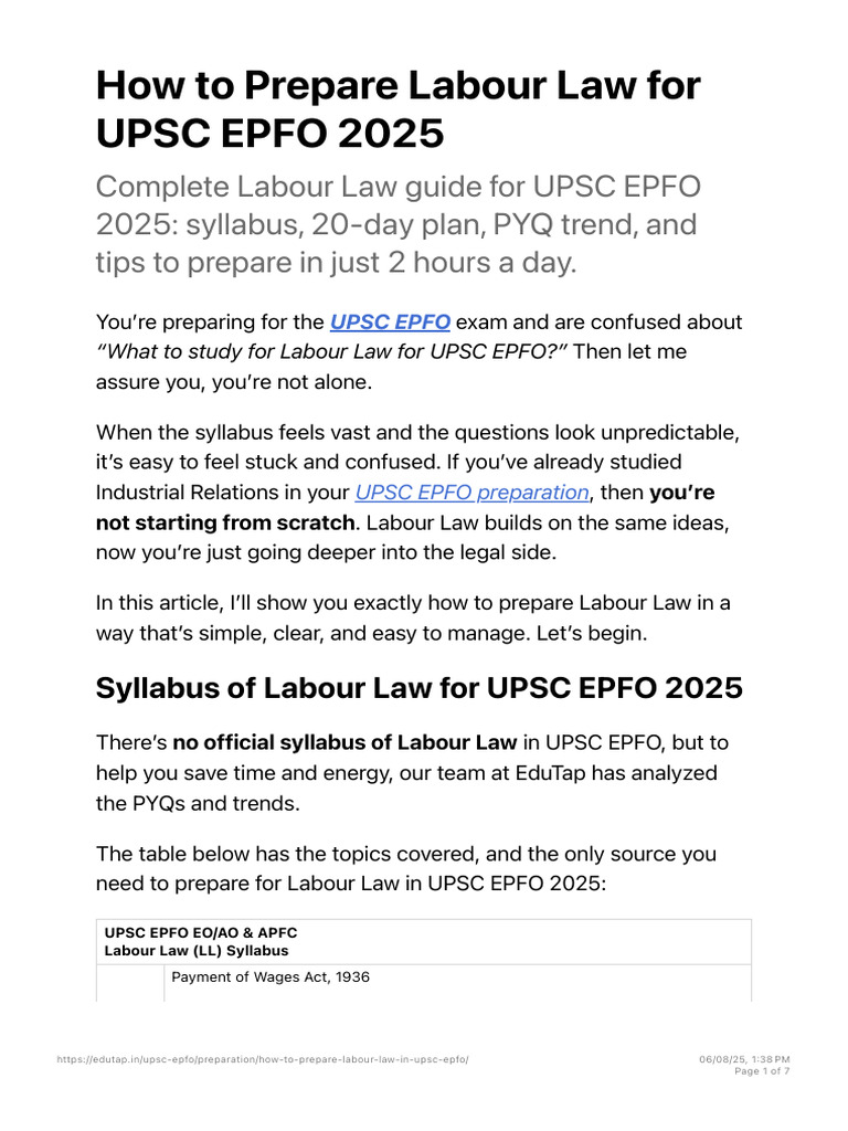 Labour Law Prep for UPSC EPFO 2025 | PDF | Labour Law | Employment