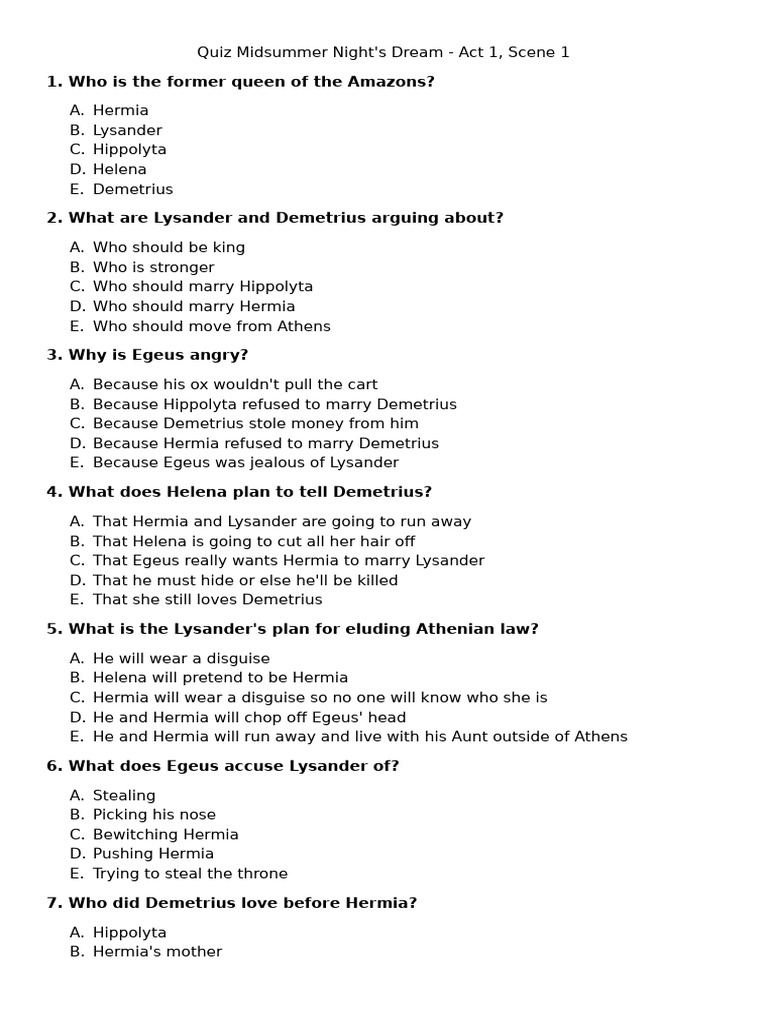 Midsummer Night's Dream Act 1 Quiz | PDF