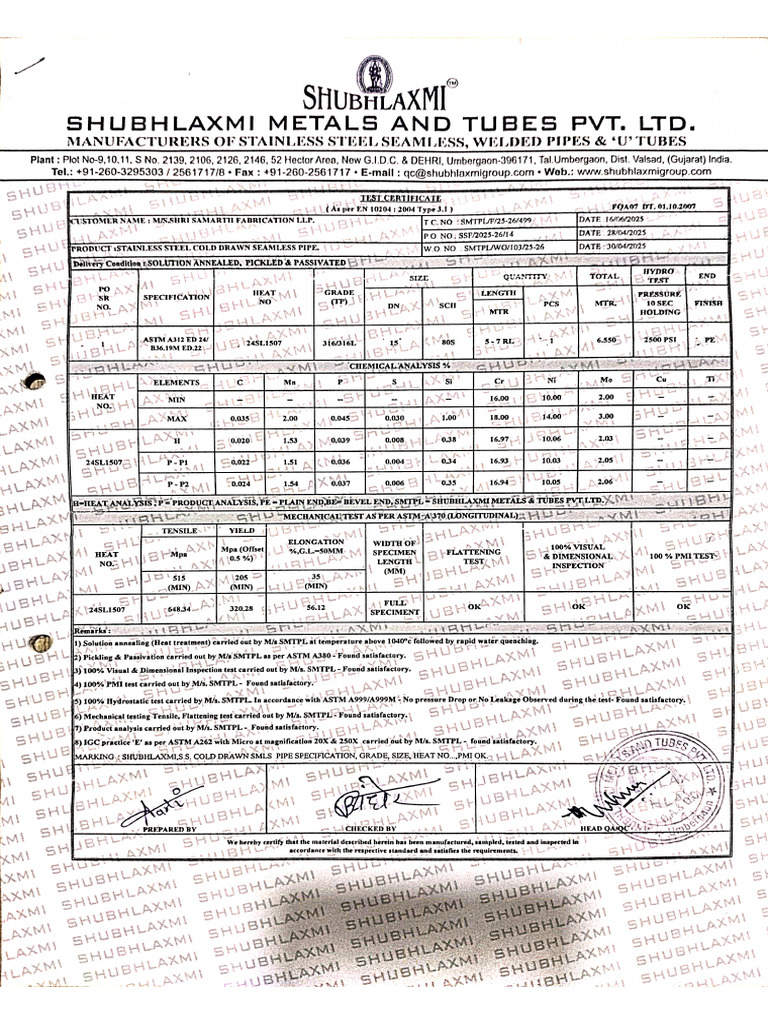 Material Test Certificate | PDF