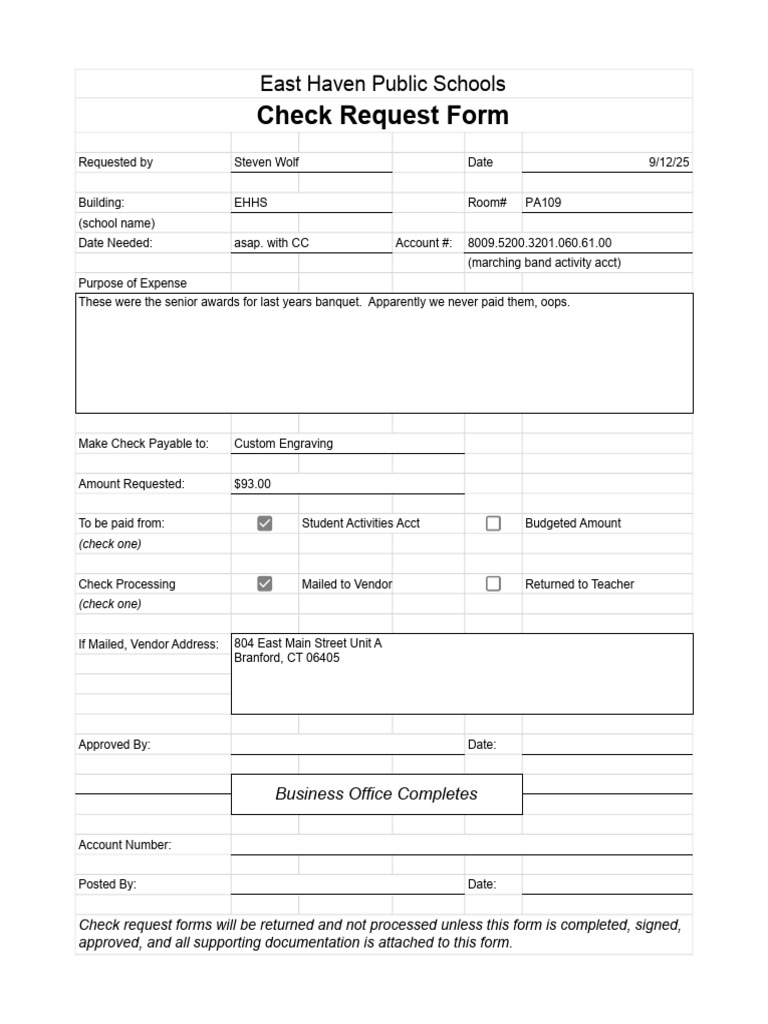 East Haven Schools Check Request Form | PDF