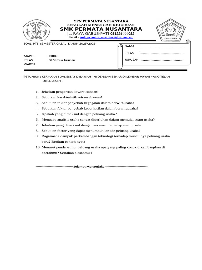 Soal PTS PKKU Kelas XI SMK 2025/2026 | PDF
