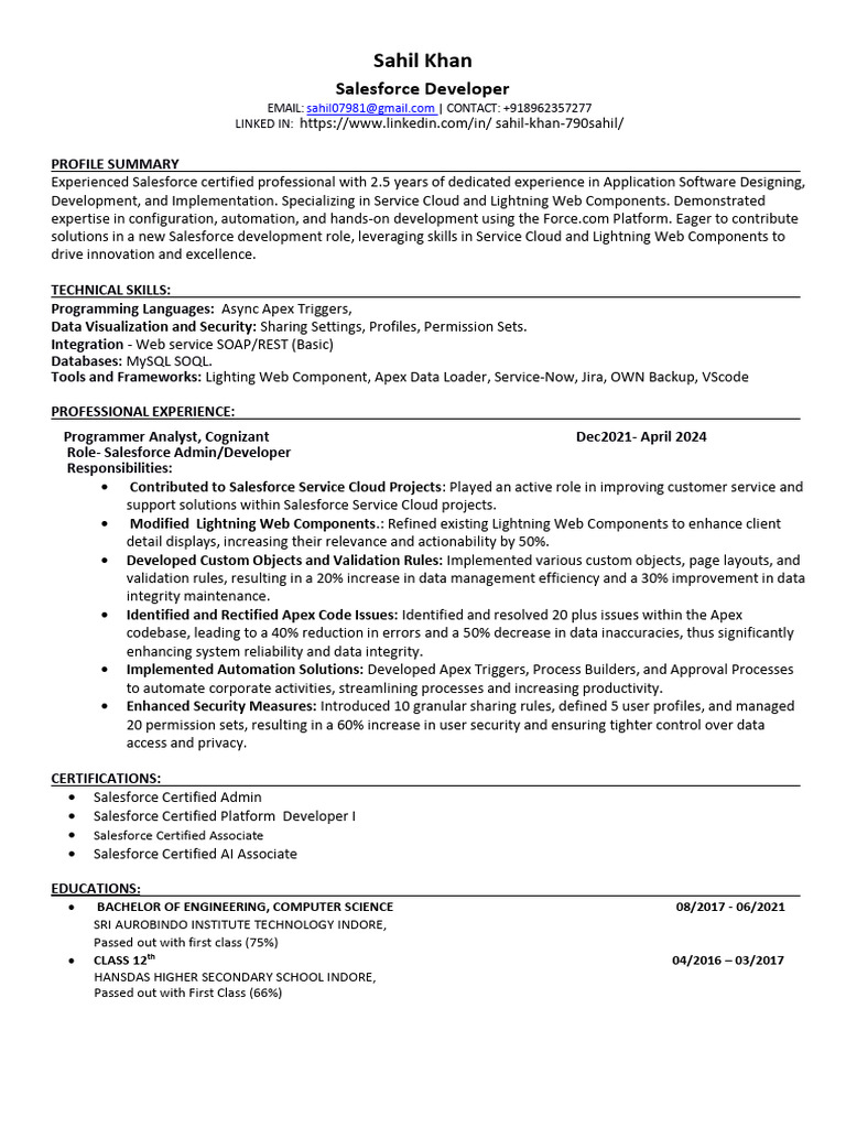 Salesforce Developer Resume - Sahil Khan | PDF | Software Development ...