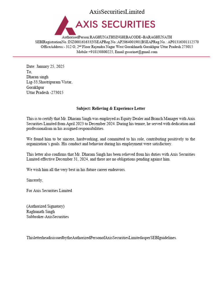 Axis Bank Experience Letter for Dharam Singh | PDF