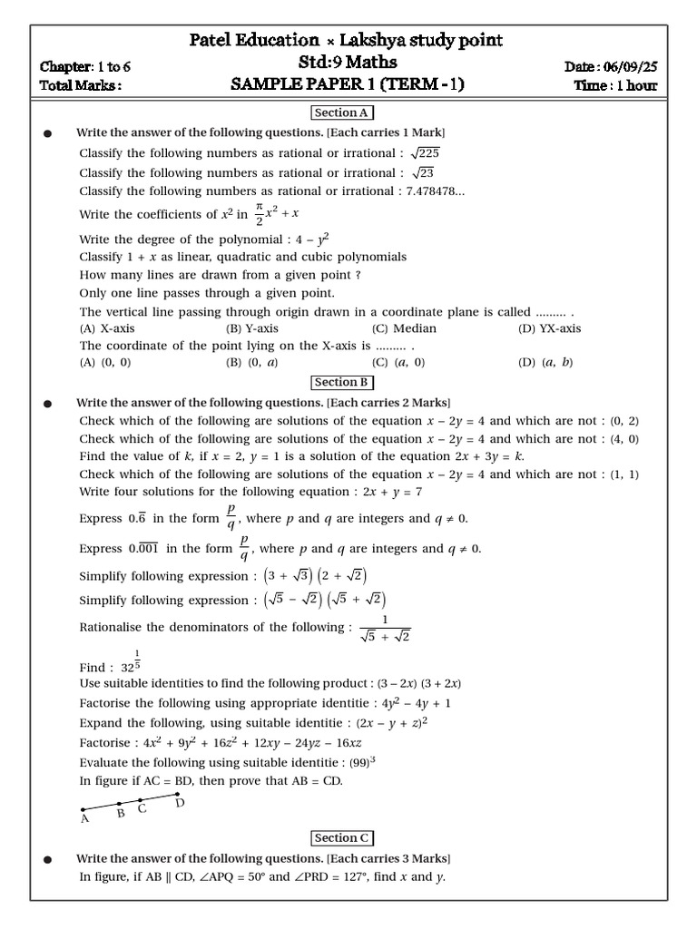 Samplepaper1 (Term 1) d06 Sep 2025 | PDF | Equations | Elementary ...