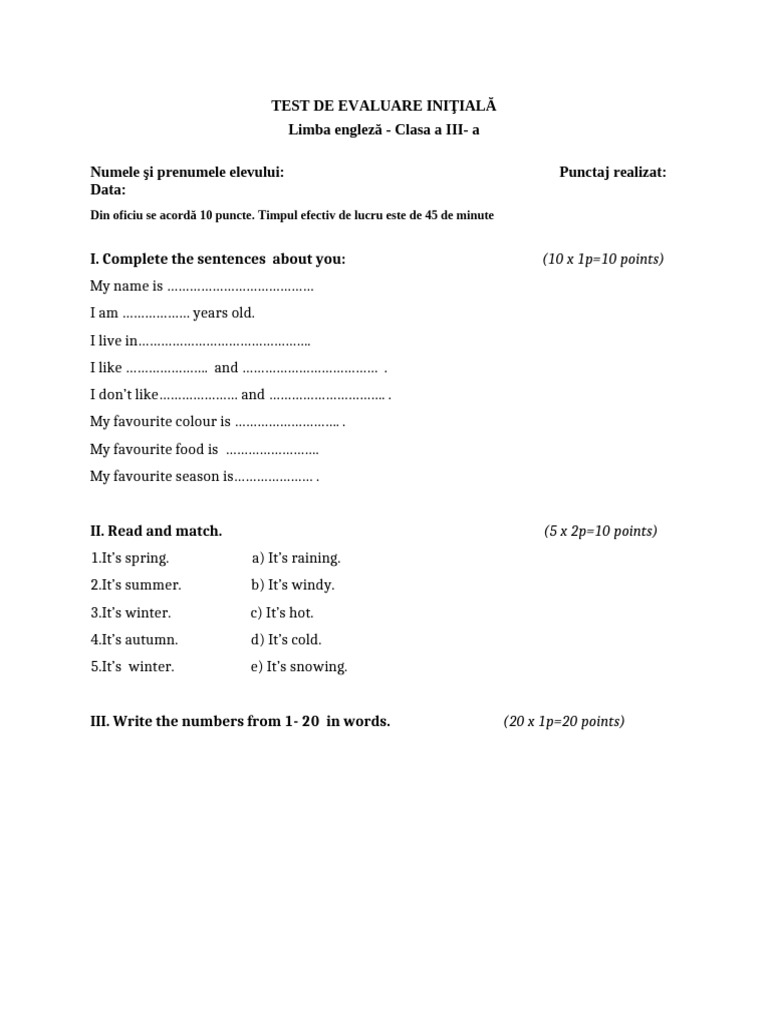 Initial English Assessment for 3rd Grade | PDF