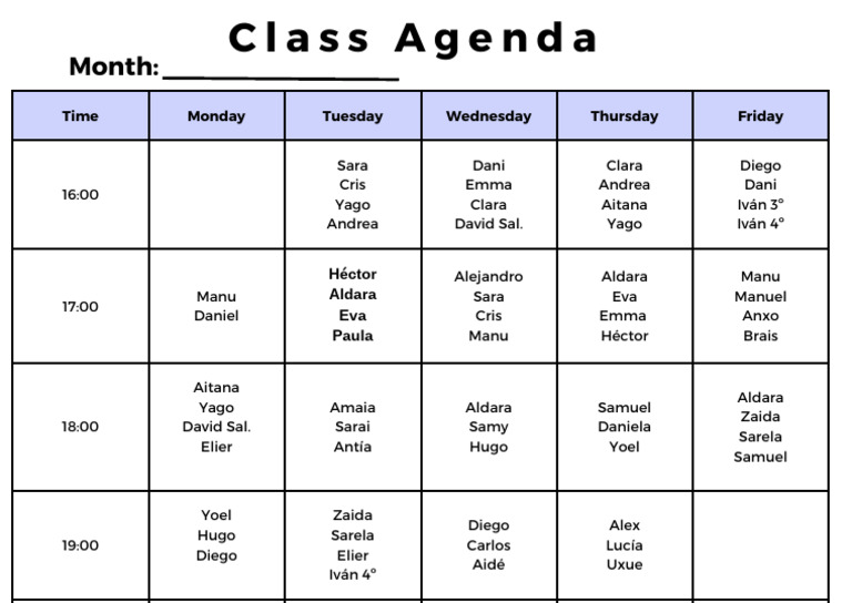 Weekly Class Schedule Overview | PDF