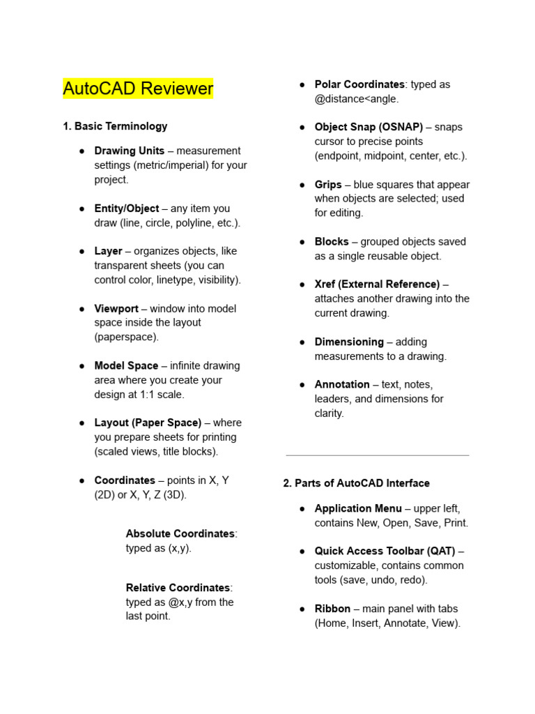 AutoCAD Reviewer: Key Concepts & Commands | PDF