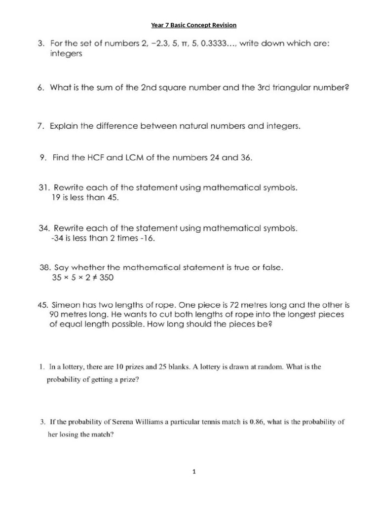 Year 7 Basic Concept Revision | PDF